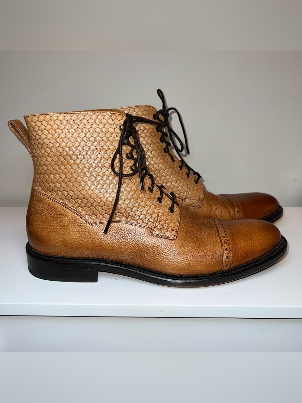 Taft Tan Woven Leather Chukka Lace-Up Boots